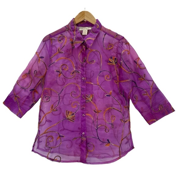 c.l.o.t.h.e.s. Sheer Floral Embroidered Button Front Collared Blouse Purple - Picture 3 of 13